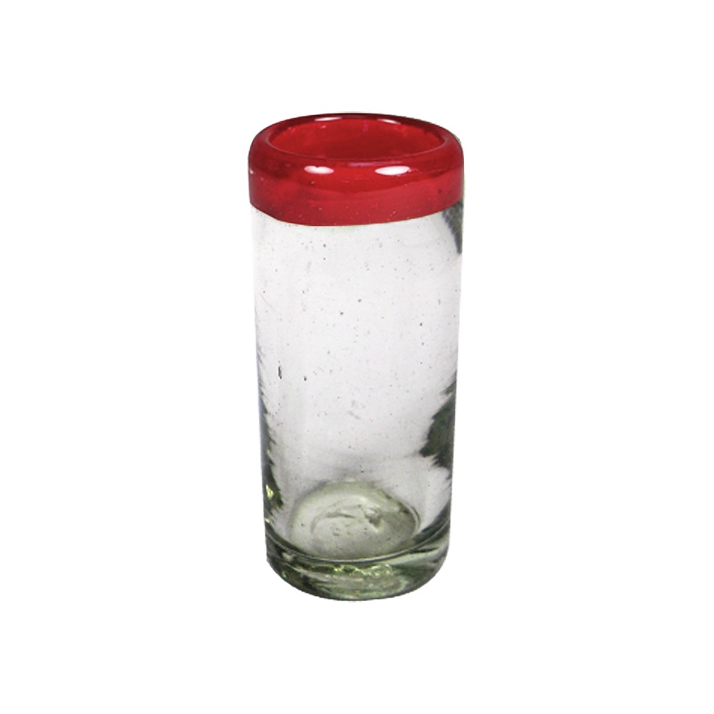 Wholesale Colored Rim Glassware / Ruby Red Rim 2 oz Tequila Shot Glasses  / These shot glasses bordered in ruby red are perfect for sipping your favourite tequila or any other liquor.